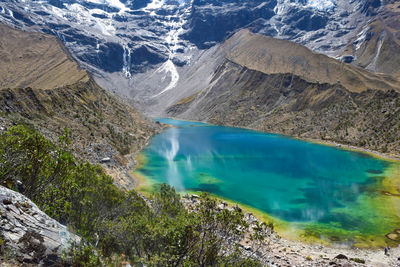 Aerial view of lake and mountains