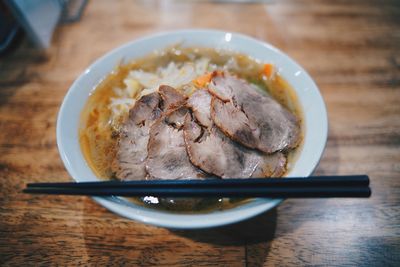 High angle view of ice cream in bowl on table