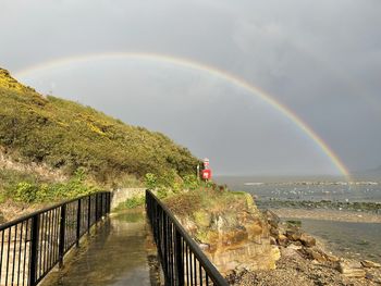 Scenic view of rainbow over sea against sky