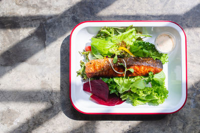 High angle view of food in plate