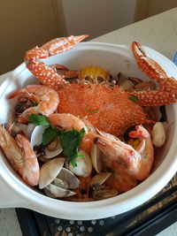 High angle view of seafood in plate