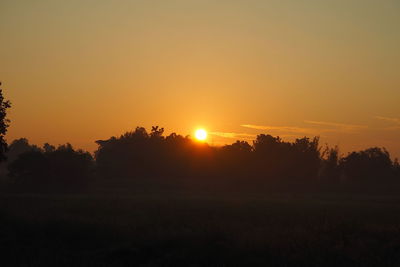 Silhouette trees on field against orange sky