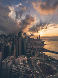 High angle view of cityscape during sunset