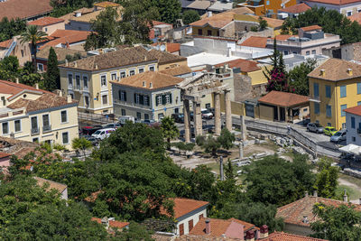 High angle view of houses in town