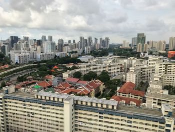 High angle view of buildings in city against sky