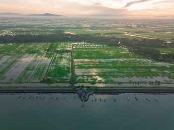 High angle view of agricultural field against sky