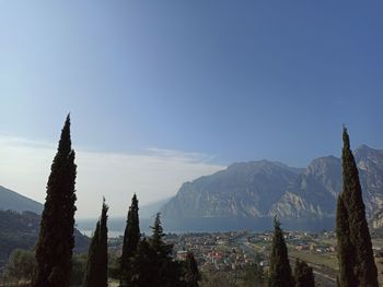 Panoramic view of trees and mountains against blue sky