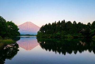 Scenic view of lake and trees against clear sky