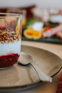 Close-up of granola yogurt on table