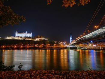 Illuminated bridge over river at night