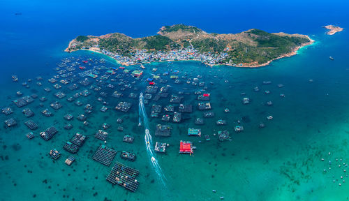 High angle view of boats in sea