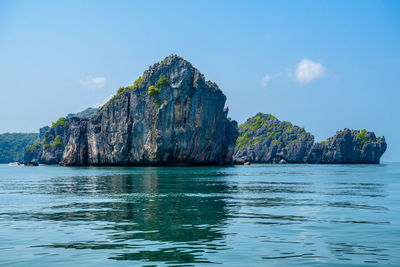 Panoramic view of rock formation in sea against sky