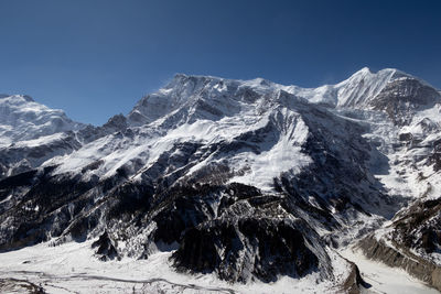 Scenic view of snowcapped mountains against clear sky