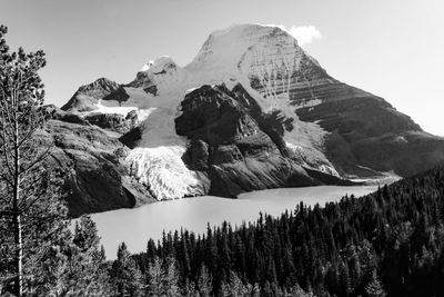 Low angle view of rocky mountains against clear sky