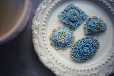 High angle view of bread in plate on table