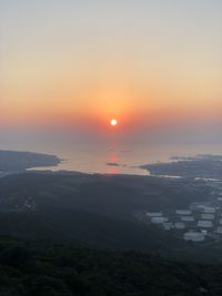 High angle view of landscape against sky during sunset