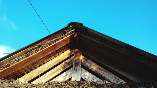 Low angle view of roof against clear blue sky