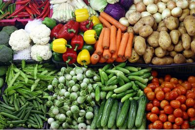 High angle view of vegetables for sale at market stall