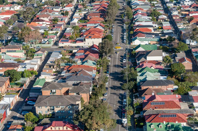 High angle view of buildings in city