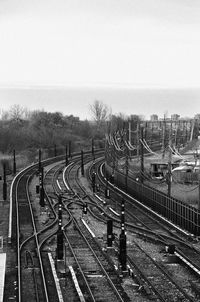 High angle view of railroad tracks against clear sky