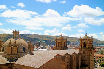 Puno cathedral on the shore of lake titicaca a the foothills of the andes, puno city, peru