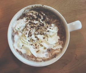 High angle view of breakfast in glass on table