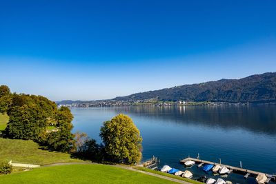 Scenic view of lake against clear blue sky