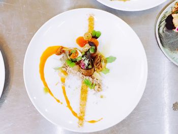 High angle view of food in plate on table