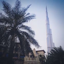 Low angle view of tower and trees against sky