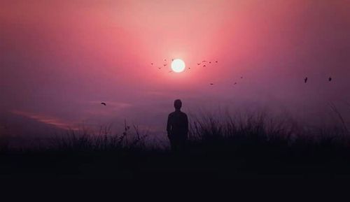 Silhouette of people standing on landscape at sunset