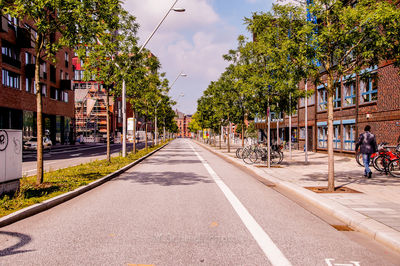 Street by trees against sky in city