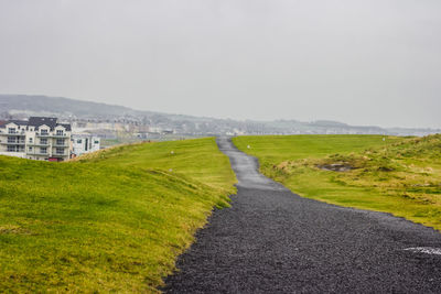 Road amidst green landscape against sky