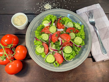 High angle view of salad in plate on table