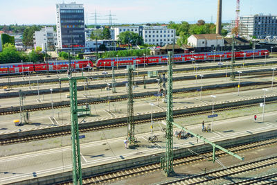 High angle view of train in city