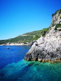 Scenic view of sea against clear blue sky