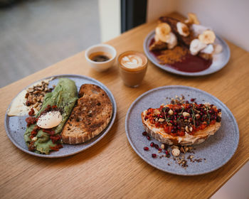 High angle view of breakfast served on table