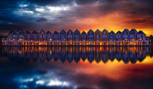 Reflection of building on sea against cloudy sky during sunset