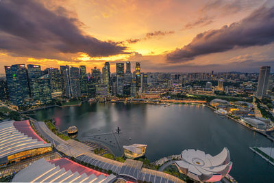 High angle view of city at sunset