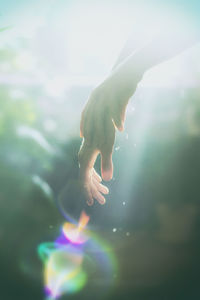 Dreamy atmosphere of women's hands in the rays of sunlight.