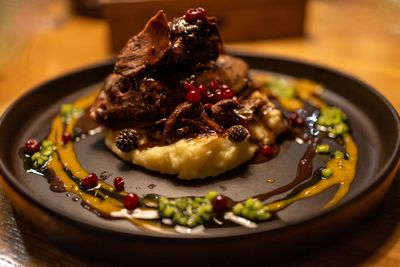 Close-up of food in plate on table