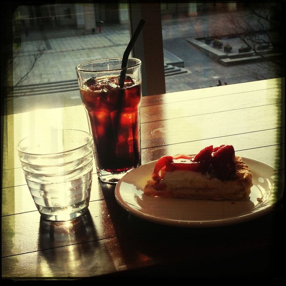 transfer print, auto post production filter, indoors, still life, close-up, home interior, no people, red, built structure, table, architecture, window, glass - material, sunlight, wall - building feature, building exterior, food and drink, day, focus on foreground, shadow