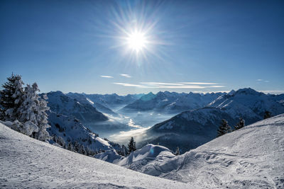 Scenic view of snowcapped mountains against sky