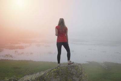 Rear view of woman standing on rock at beach