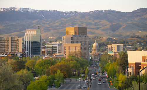 High angle view of street amidst buildings in city