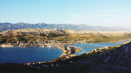 Scenic view of sea and mountains against sky