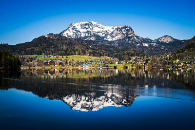 Scenic view of lake and mountains against clear blue sky