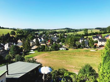 High angle view of townscape against clear sky