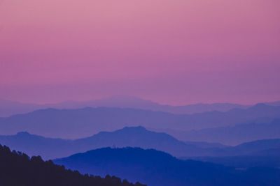 Scenic view of silhouette mountains against sky at sunset