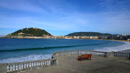 Calm blue sea with mountain range in background