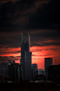 Buildings against dramatic sky during sunset